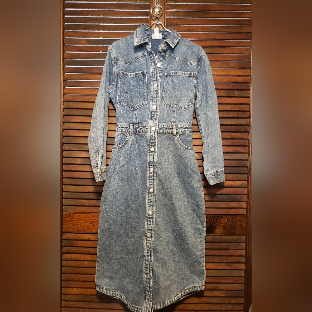 Future Collective Denim Long Sleeve Button Front 100% Cotton Shirt Dress, Size 4 - Picture 5 of 7